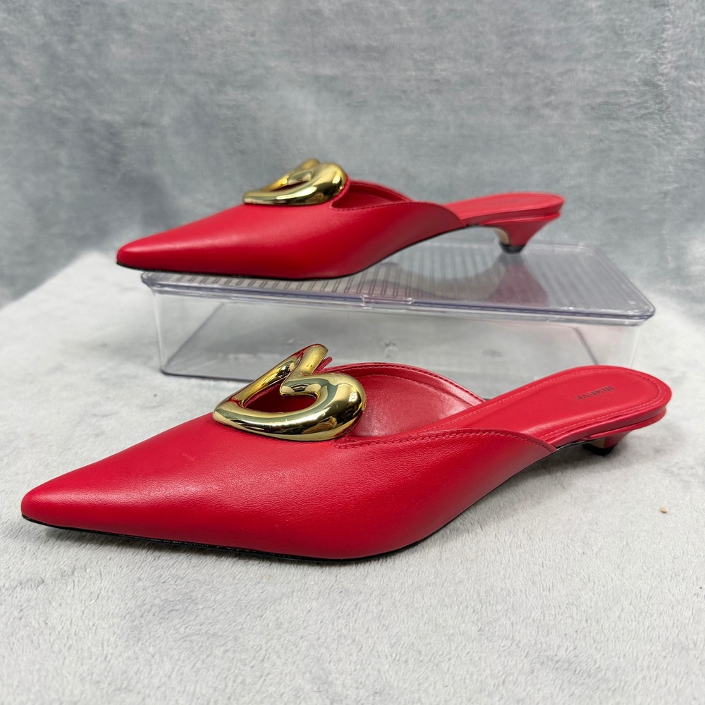 Maeve Womens 40 Red Leather Kitten Heel Mules Gold Heart Pointed Toe Coquette